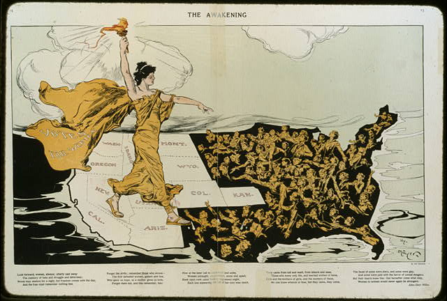 More than four million women had voting rights—all in the West—equal to men in eleven states by the end of 1914, leaving women elsewhere still reaching for the light of Liberty's torch of freedom. Puck magazine. Feb. 20, 1915.