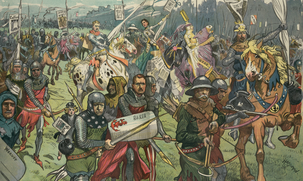 The Crusaders by C. Hassman, 1906. The illustration depicts a large group of politicians and journalists as knights on a crusade against graft and corruption; many carry large pens like a lance. Library of Congress