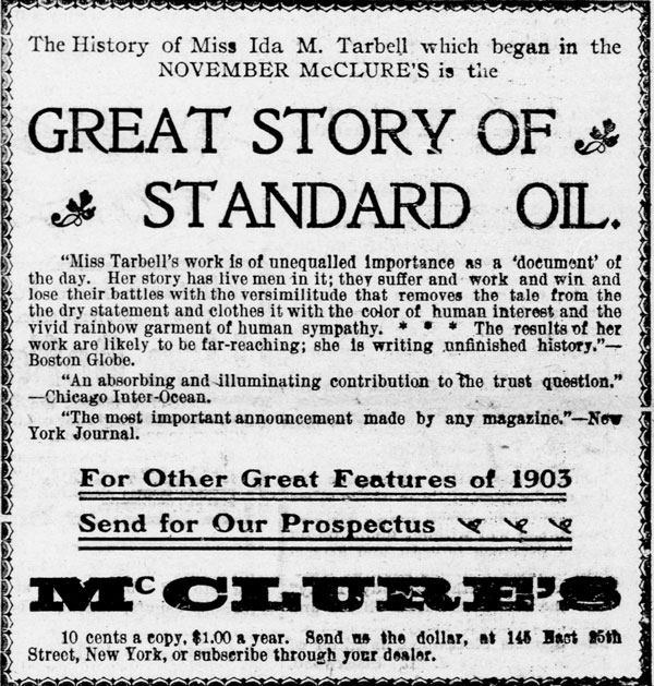 Advertisement by McClure’s Magazine promoting Tarbell’s exposé, in the Watertown Republican. Watertown, Wis., Jan. 10, 1903.