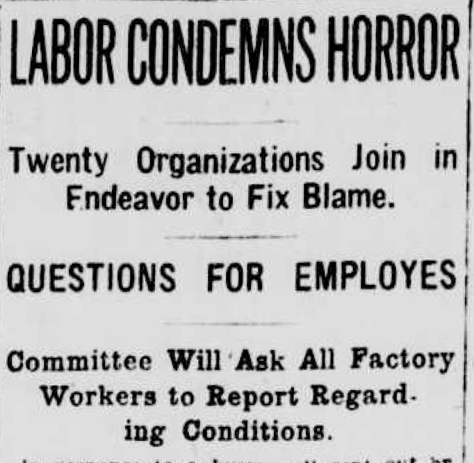 The day after the Triangle fire, leaders of women’s labor unions urged the formation of a citizens’ investigative committee whose names would be shared with the press for regular communication. New-York Tribune. March 27, 1911