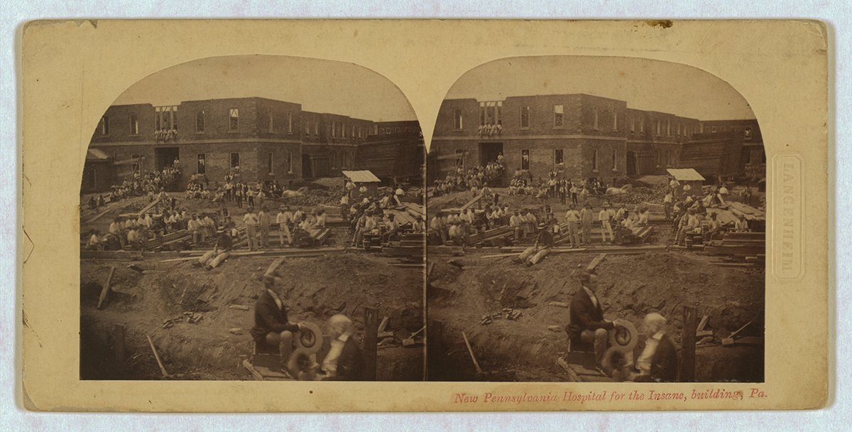New Pennsylvania Hospital for the Insane, building, Pa. Stereograph showing the Pennsylvania Hospital for the Insane under construction, with many workers posing in foreground. ca. 1859. Library of Congress