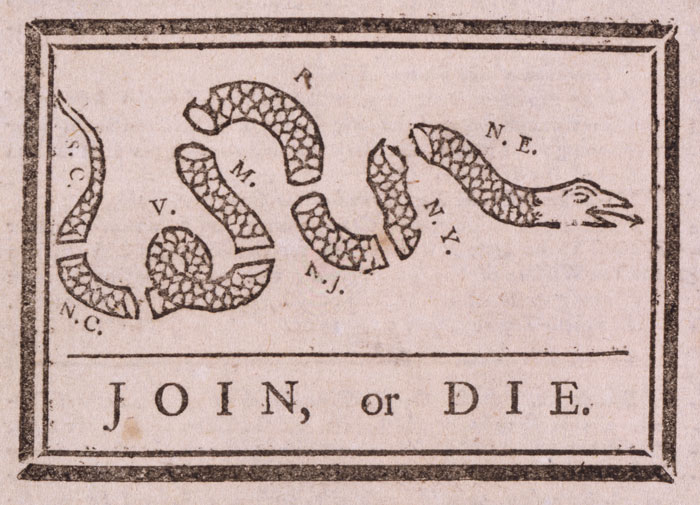 Ben Franklin's warning to the British colonies in America 'join or die' during the French and Indian War in the Pennsylvania Gazette, May 9, 1754. The cartoon reappeared in colonial newspapers during the Stamp Act crisis and the Revolutionary War.