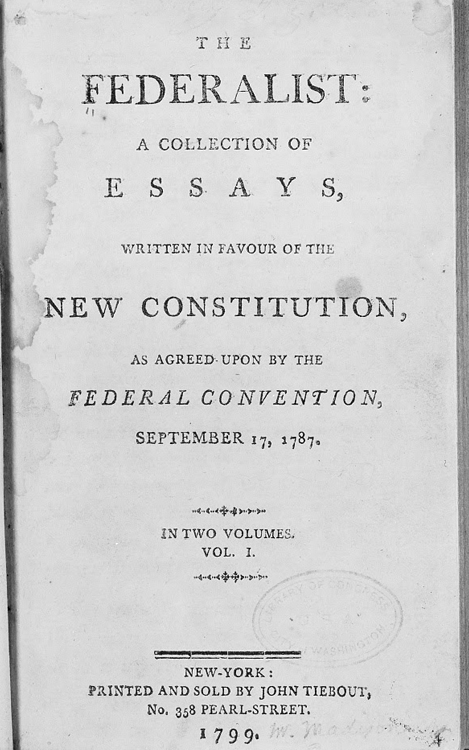A 1787 newspaper advertisement for The Federalist Papers, an eighty-five-essay series that appeared in the New York Independent Journal and other newspapers. Alexander Hamilton, James Madison, and John Jay wrote The Federalist Papers under the pen name 'Publius.' Library of Congress