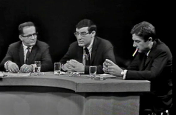 Professor Bernard Fall of Howard University (left) and journalists David Halbertstam (center) and Neil Sheehan (right) on WGBH’s National Education Television, “At Issue; The Stakes in Vietnam.” April 20, 1964. American Archive of Public Broadcasting